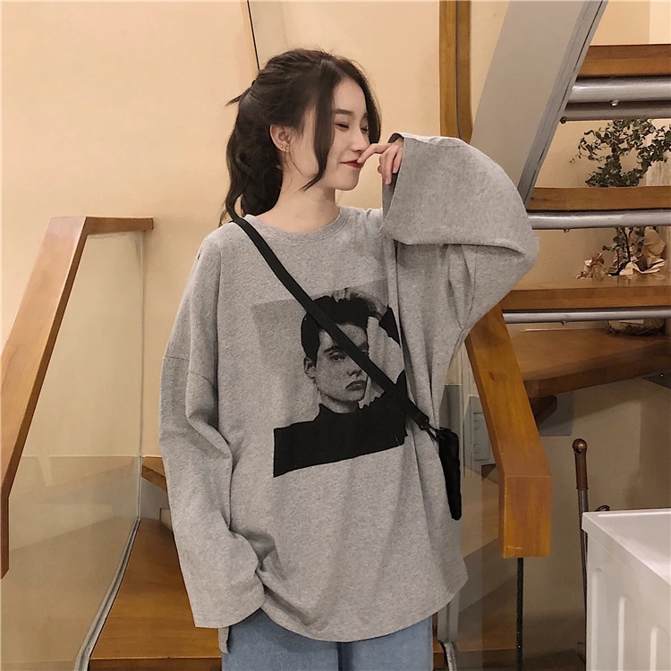 loose long sleeve spring fall new o-neck print casual fashion brand Women's Clothing t-shirts harajuku high quality tops modis