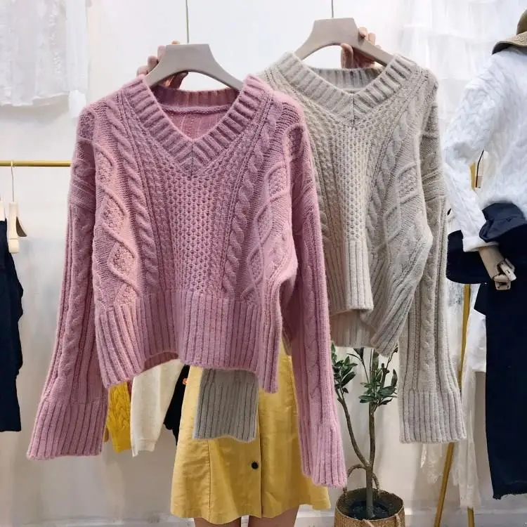 

2019 Korean Pink Knitting Crop Sweater Women Long Sleeve Jumpers Sweater School Girl V Neck Pink Sweater Clothes