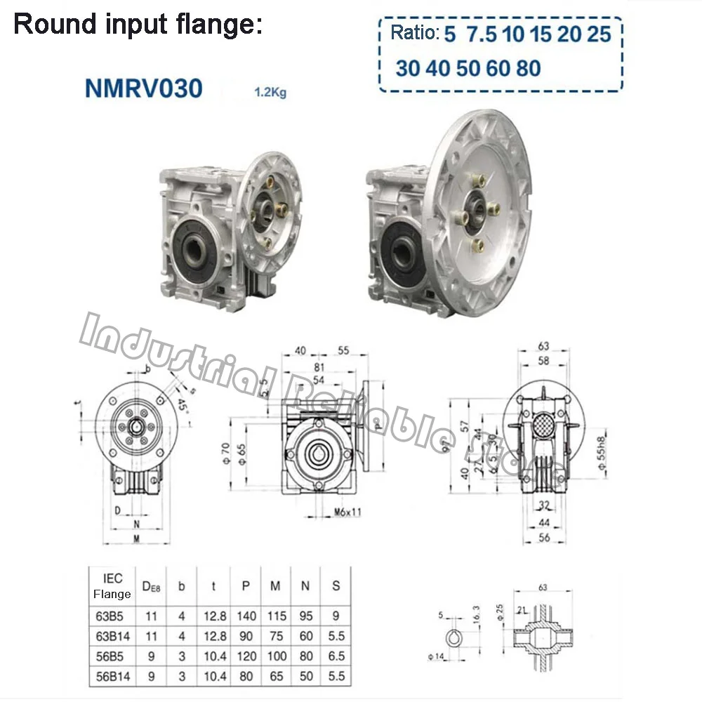 NMRV030 57mm Worm gear reducer Reduction ratio 30:1 for NEMA23 stepper motor 9mm 11mm input shaft diameter 14mm output shaft