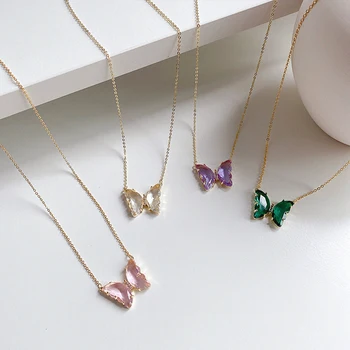 

GHIDBK Dainty Rainbow Crystal Glass Butterfly Pendant Collar Necklaces Minimalist Charming Chokers Colored Street Style Necklace