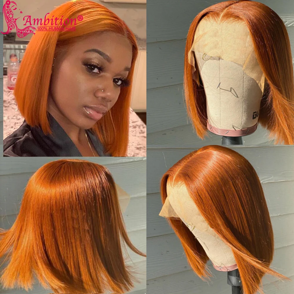 Ambição corte sem corte bob laço fonte perucas laranja gengibre preplucked perucas de cabelo do laço para as perucas de fechamento do cabelo humano perucas descoradas nós
