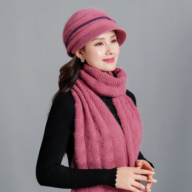 New Winter Women Rabbit Fur Hat Scarf Set Lady Warm Wool Knitted Plush Hat Scarf Crochet Sets Beanie Mother Caps Scarf Shawl Gif