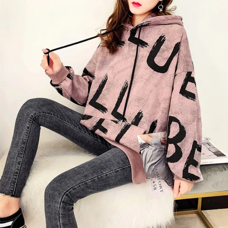 EWQ 2020 Spring New Full Sleeve Pullovers Knit Women Sweatshirt Outerwear Printed Letters Large Size Ladies Track Clothing QZ384 | Женская
