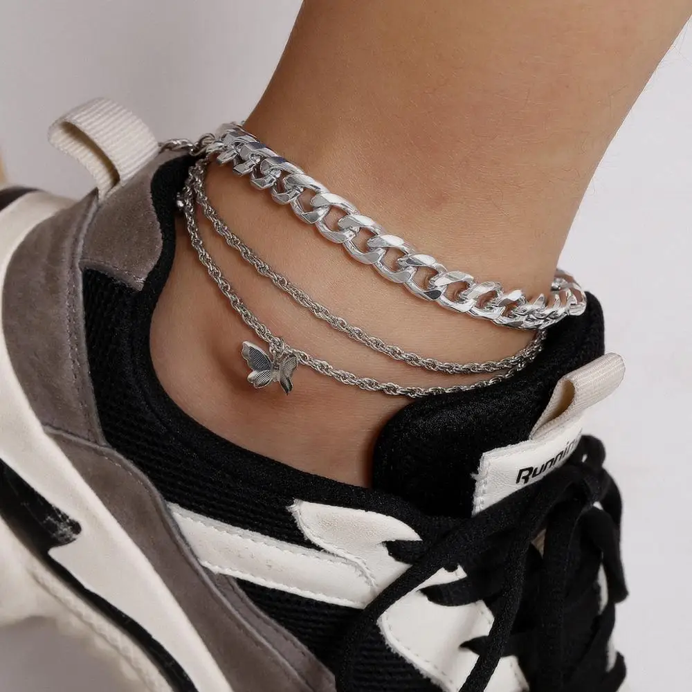 

Pink Butterfly Anklet Set Anklet Women Multi-layer Chain Suit Feet Lady Perfect Gift Thick Chain Small Butterfly Combined Anklet