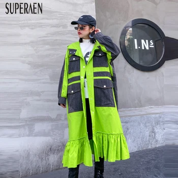 

SuperAen Pluz Size Denim Stitching Trench Coat for Women Spring and Autumn New 2020 Windbreakers Hooded Women Clothing