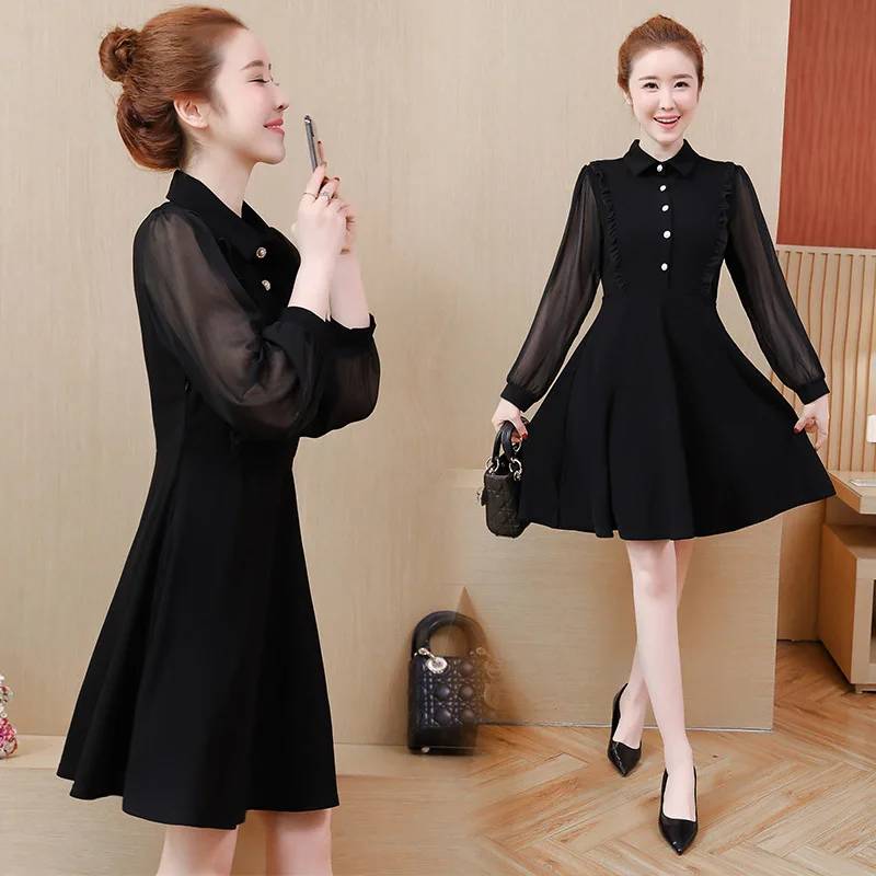 

Large Size Dress 2020 Spring Clothing New Style CHIC Gentle Waist Hugging Mid-length Long-sleeved Shirt Chiffon Dress Women's