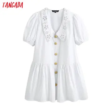 

Tangada fashion women solid white cotton dress embroidery short sleeve female sweet dress vestidos BE531