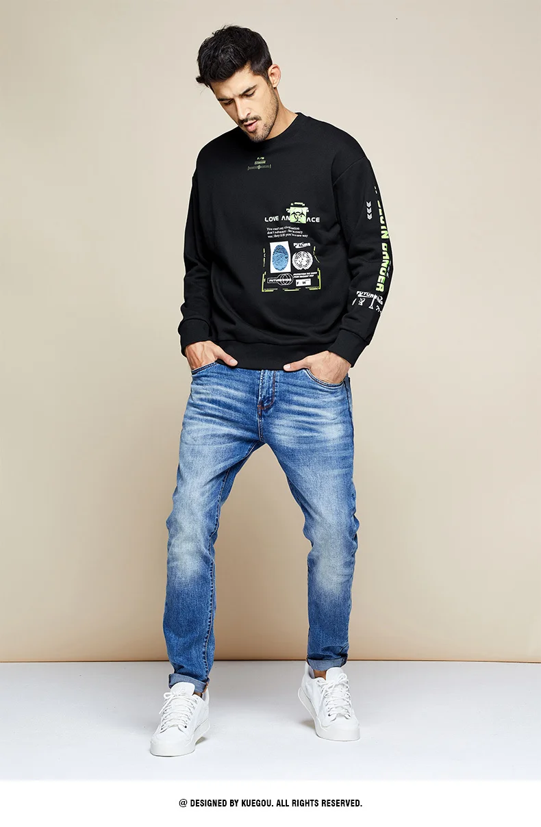 KUEGOU осень хлопок Черный Принт буквы Толстовка мужская мода Японская уличная одежда хип-хоп Мужская брендовая одежда Топ 1740