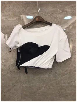 

Women T-shirt 2020 Summer New Women's Round Neck T-shirt Black and White Side Zipper Asymmetrical Short Sleeve Top
