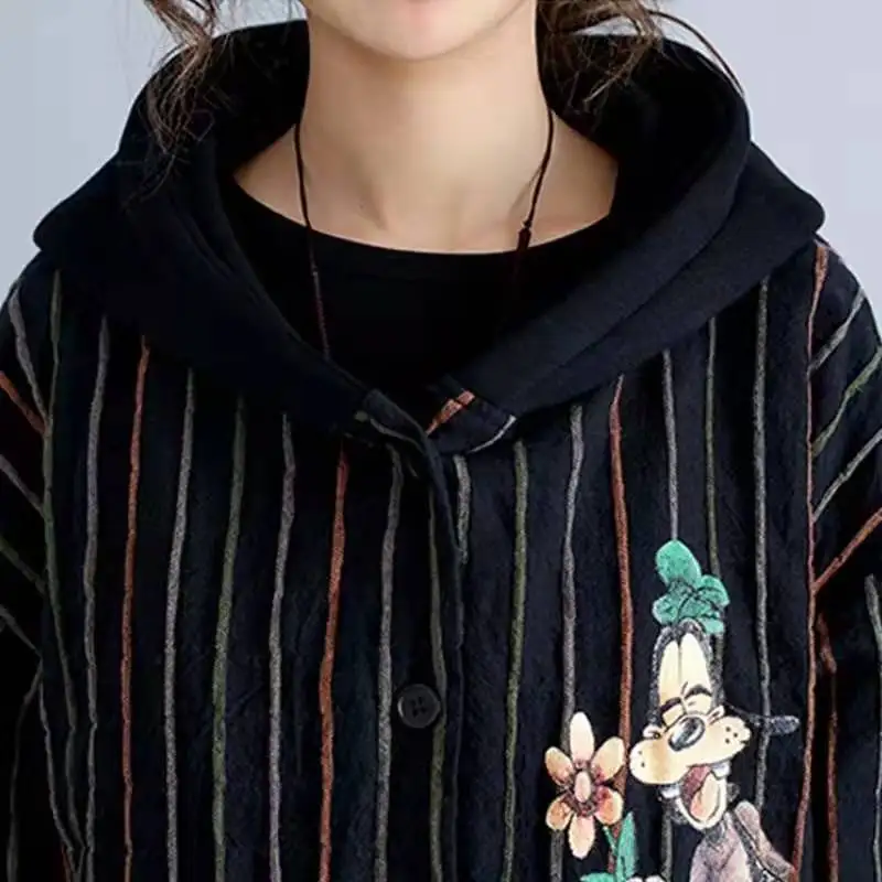Kawaii/Хлопковые полосатые Harajuku куртка с капюшоном длинное пальто с героями мультфильмов; парка Print Для женщин для женщин; Большие размеры Верхняя одежда Пальто 4XL 5XL