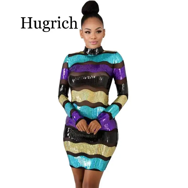

2020 Sexy club part style short dresses long sleeve high collar hollow out sequins decoration tight mini short dresses