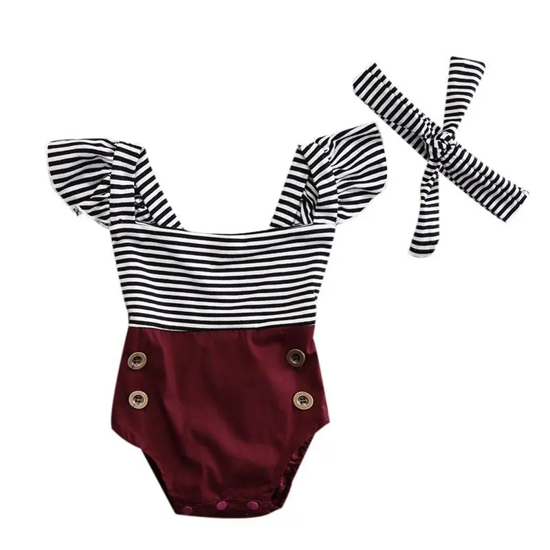 

2020 New Summer 0-18M Toddler Baby Girl 2Pcs Set Striped Button Back Cross Strap Flared Short Sleeve Bodysuit+Headband Outfit
