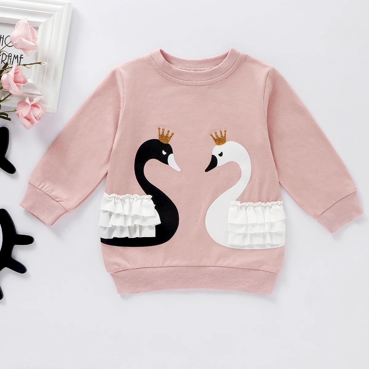PatPat 2021 New Spring and Autumn Baby Soft Swan Print Long Sleeve Top for and Striped Pants Set Toddler Girl