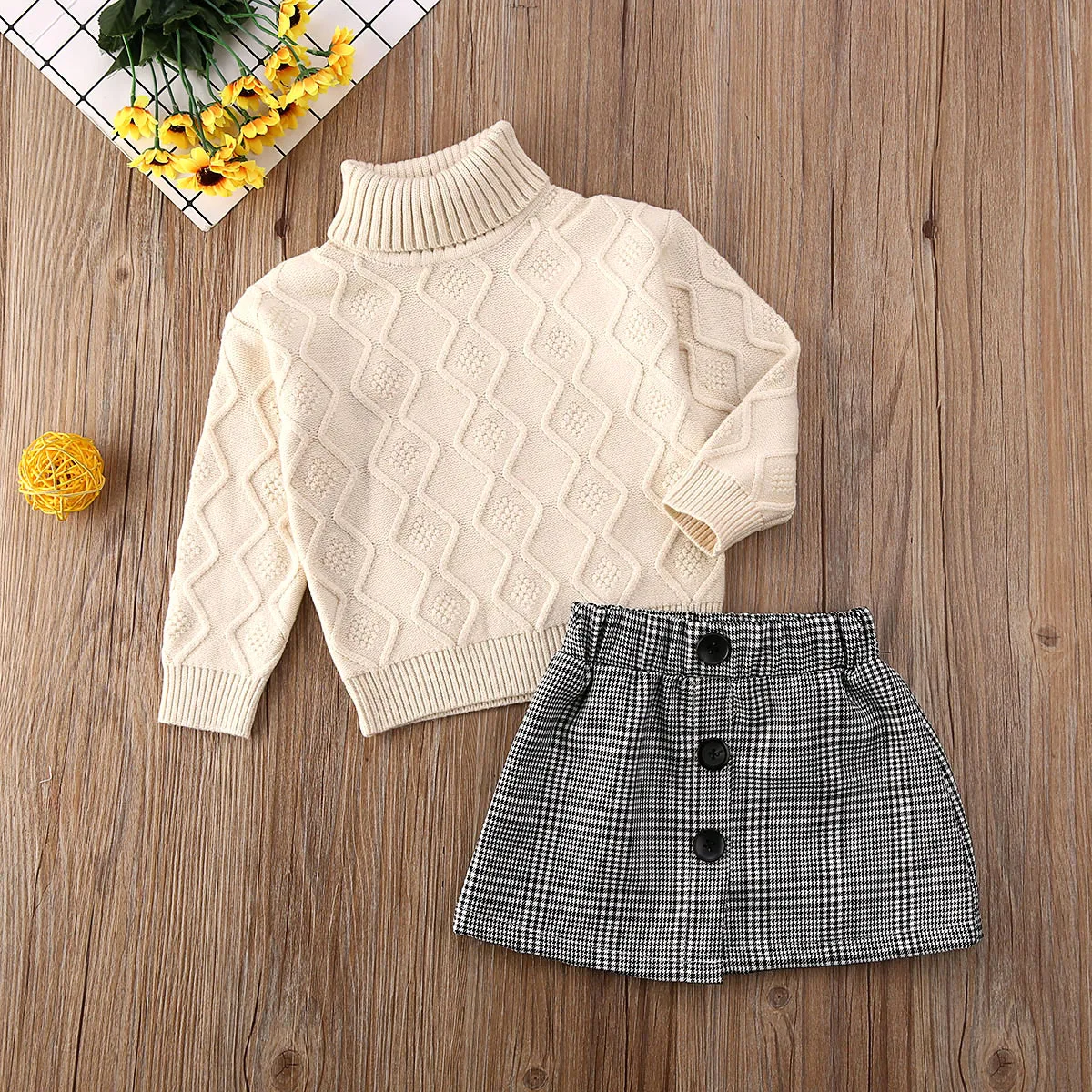 Комплекты одежды для маленьких девочек на осень и зиму, вязаный свитер с высоким воротником, комплект из топа и мини-юбки в клетку с принтом