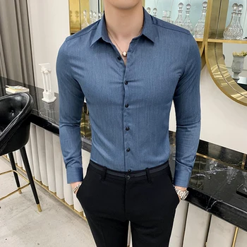 

2019 new autumn men's British style solid color shirt long-sleeved Slim Korean fashion business inch clothing free hot