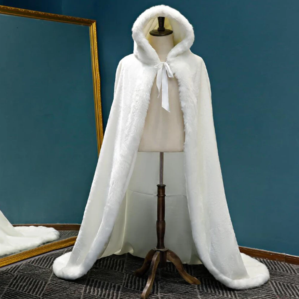 

Warm Faux Fur Trim Winter Bridal Cape Stunning Wedding Cloaks Hooded Long Party Wraps Jacket White/Ivory Wrap