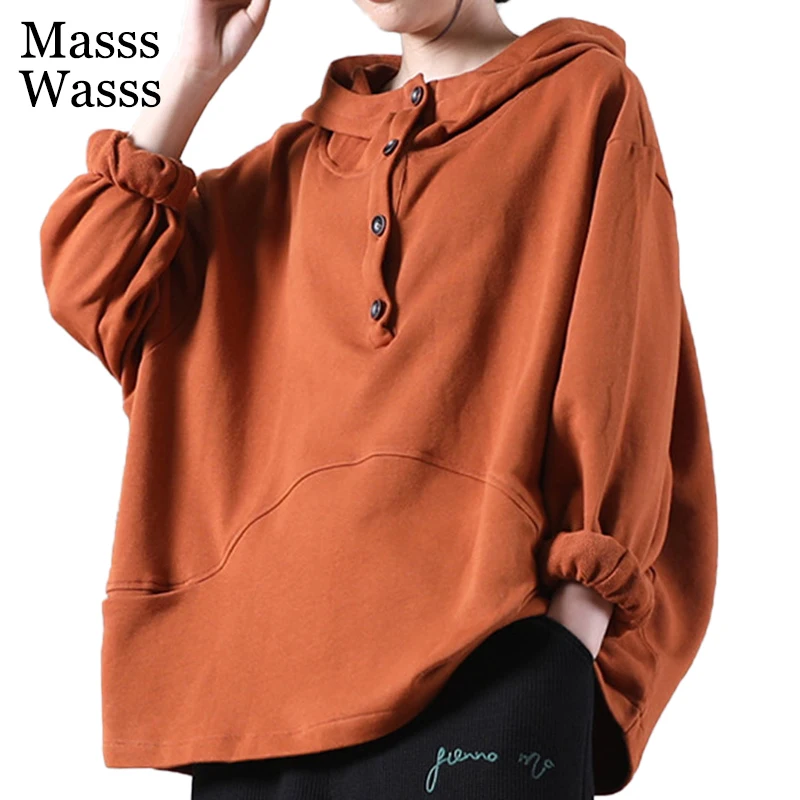 

Masss Wasss Women Solid Loose Button Hoodies 2021 Autumn Ladies Casual Pockets Design Hooded Sweatshirts Vintage Fashion Clothes