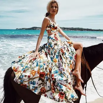 

Sexy Women suit 2020 New Summer Two Piece Set Crop Top Retro Printed sling beach Long Dress High Waist Skirts Holiday Lady Set