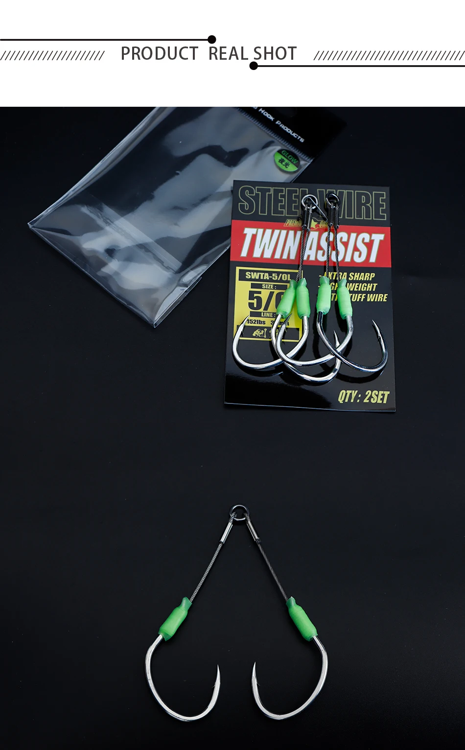 JK 5packs Sea Fishing Hook Steel Wire 7x7 Slow Jigging Size 1/0 2/0 3/0 4/0 5/0 Luminous Double Assist Hook Slow Pitch Tackle