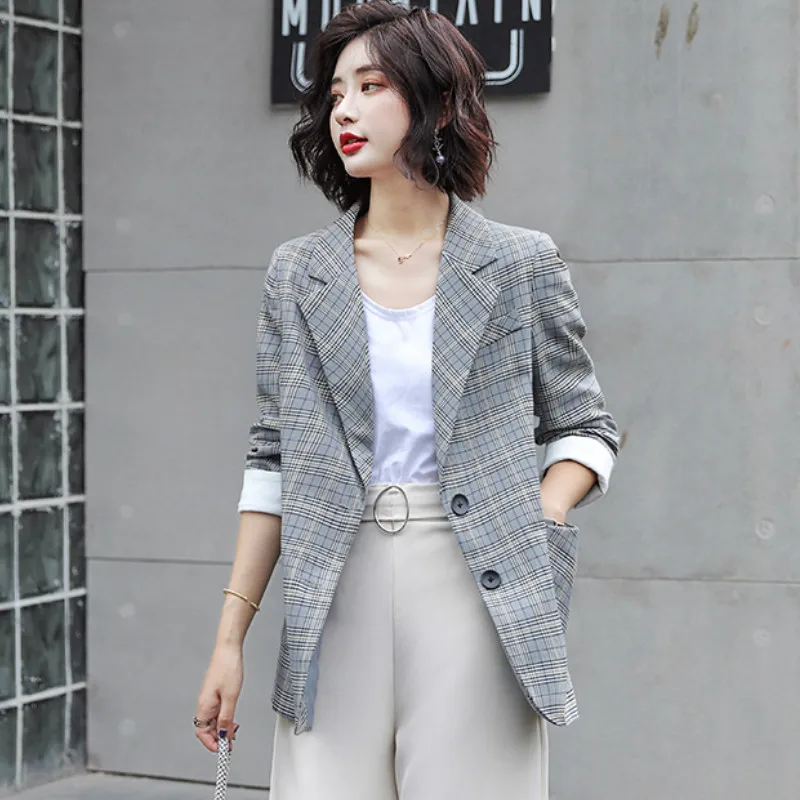 Spring-autumn 2020 high-quality professional blazer Single-breasted checked women's jacket Interview Sales Workwear Feminine