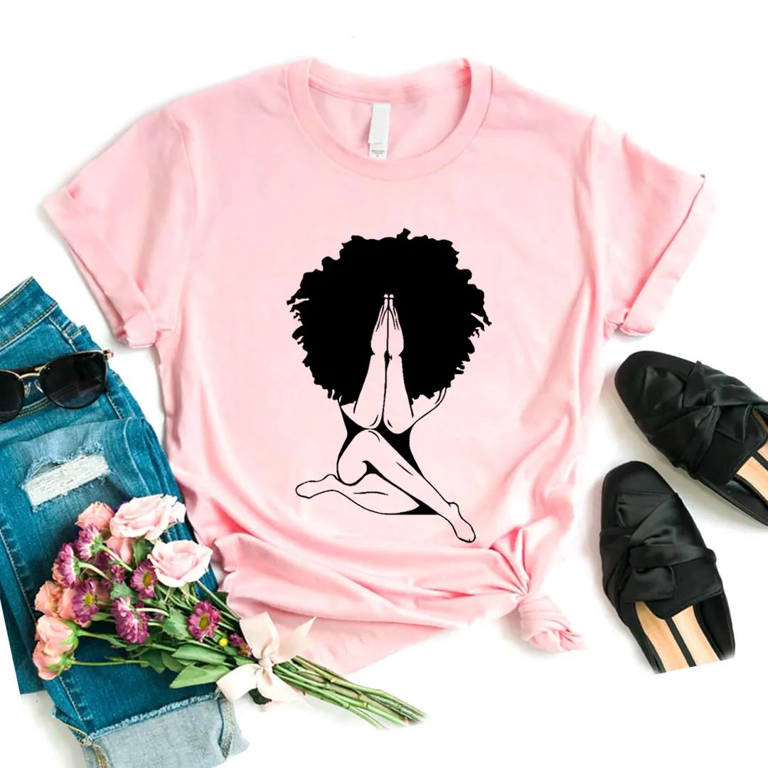 Афро женщина молящийся принт Женская футболка смешные изделия из хлопка футболка для Yong Леди Девушка Топ тройник 6 цветов Прямая поставка NA-459 - Цвет: Розовый