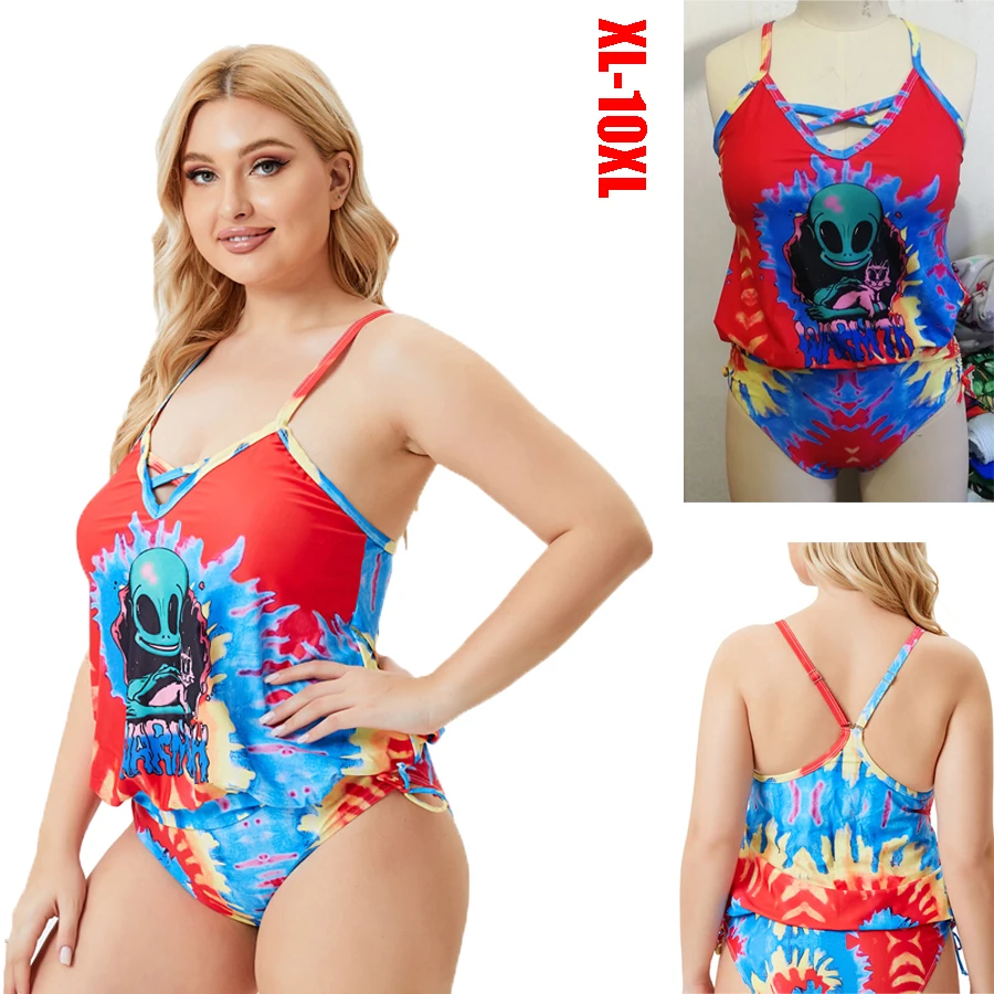 

2022 New Super Large Size 8XL 10XL Swimming Suits Printed Multicolor Plus Size Tankini Set Female Beach Wear Big Push Up Bikini