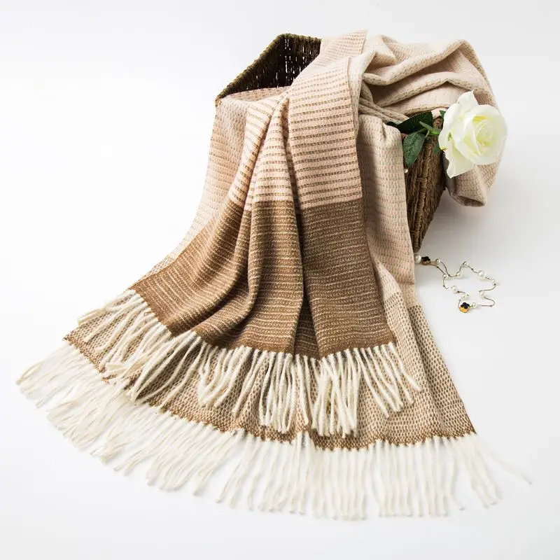 Sparsil женский зимний кашемировый шарф в стиле пэчворк, вязаный теплый шарф с кисточками, удобные шерстяные шарфы высокого качества в полоску для женщин - Цвет: 06Coffee