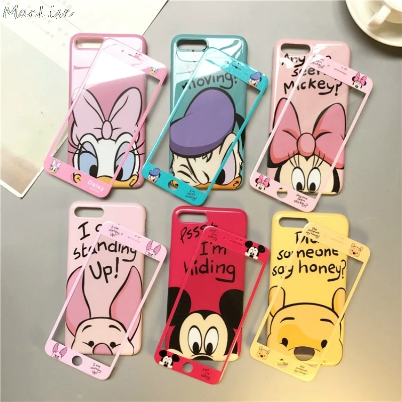 

360 Full Cover Cute Mickey Soft Phone Case Screen Protector For iPhone X Case 8 7 Plus XS MAX Tempered Glass Film Cartoon Cover
