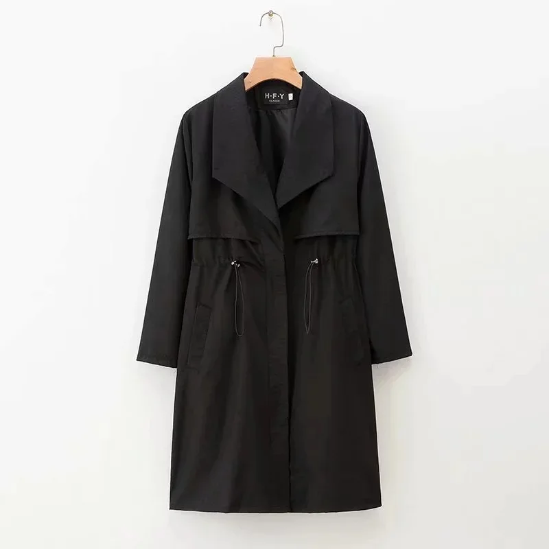 

Aw-00167 WOMEN'S Dress New Products-Style Drawstring Waist Hugging Mid-length Large Lapel Trench Coat