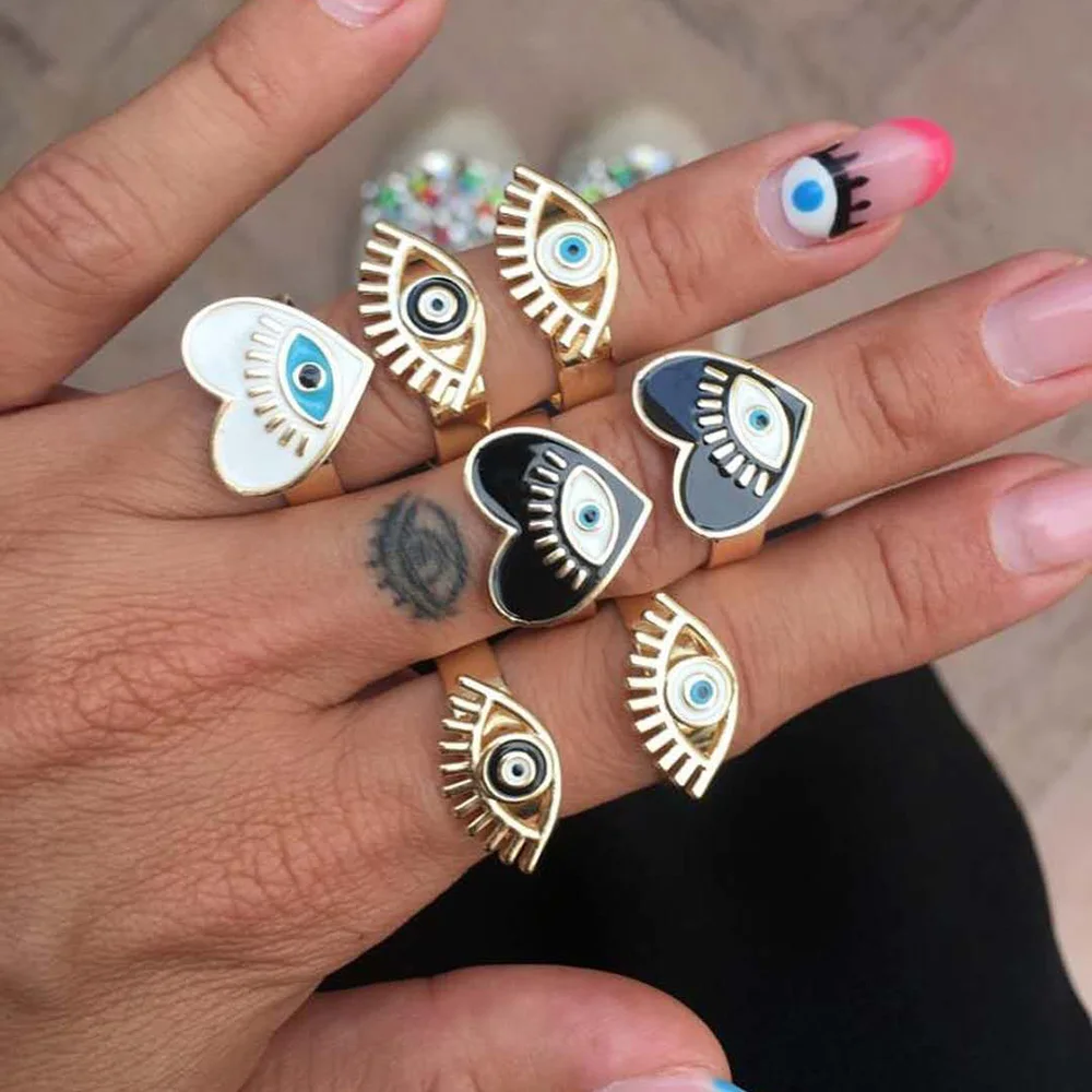 

2020 April New Black White Drip Process Adjustable Evil Eye Heart Shape Gold Rings For Women Female Vintage Ring Sets Jewelry