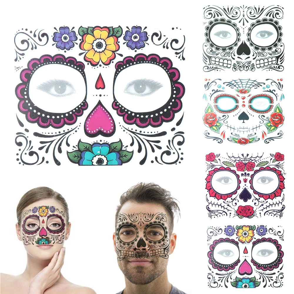 

1Pc Day of The Dead Skull Face Dress Up Waterproof Temporary Tattoo Stickers Pop Halloween Facial Makeup Face Tattoo Decals