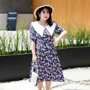 

Women's summer chiffon retro printed dress plus size calf length casual dress 100 kg can be worn