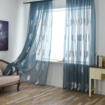 

European Style Feather Pattern Window Screening Polyester Embroidery Gauze Solid Color Curtain For Home Hotel Party Coffee BS
