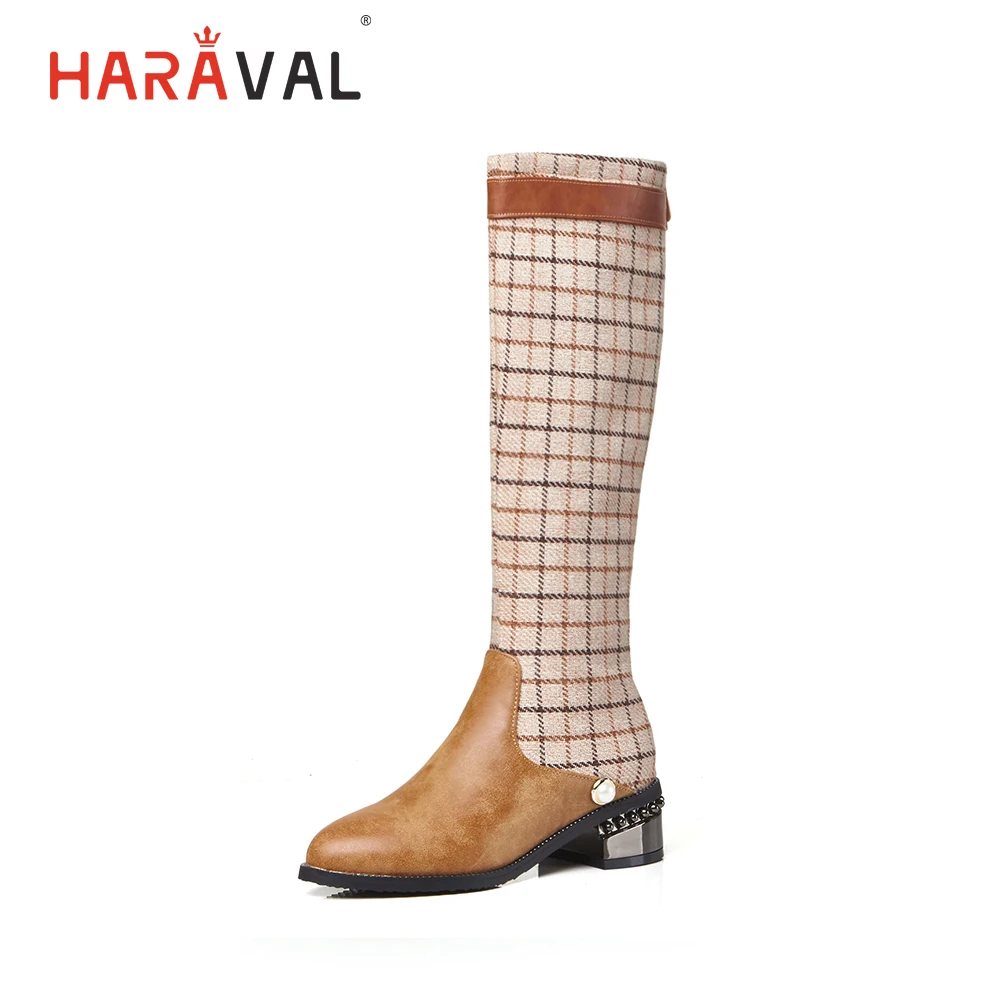 

HARAVAL Classic Woman Winter Long Boots Handmade Leather Retro Pointed Toe Low Heel Shoes Fashion Lattice Casual Warm Boots B286
