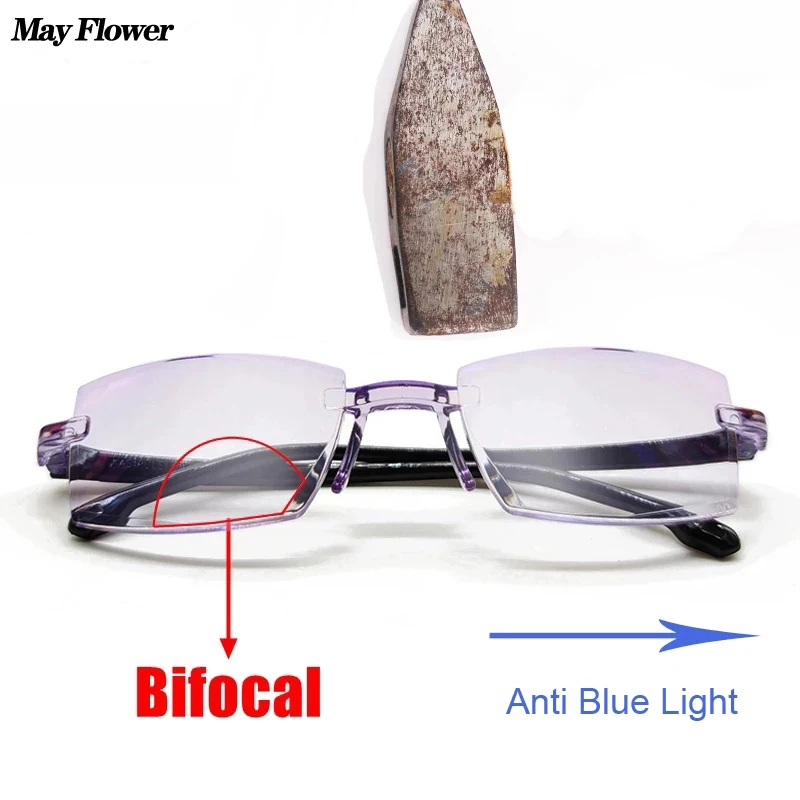 

May Flower Rimless Reading Glasses Anti Blue Light Bifocal Eyeglasses Square Frameless Presbyopic Glasses For Men&Women+3.5+4.0