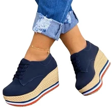 

Women Platform Wedges Autumn Female Chunky Bottom Shoes Ladies Lace Up Straw Knitted Increased Footwear Casual Shoes