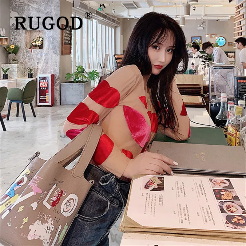 RUGOD, новинка, осенняя сетчатая Сексуальная футболка для женщин, с круглым вырезом, с длинным рукавом, с рисунком поцелуя, тонкая рубашка, модная, женская, повседневная, Корейская
