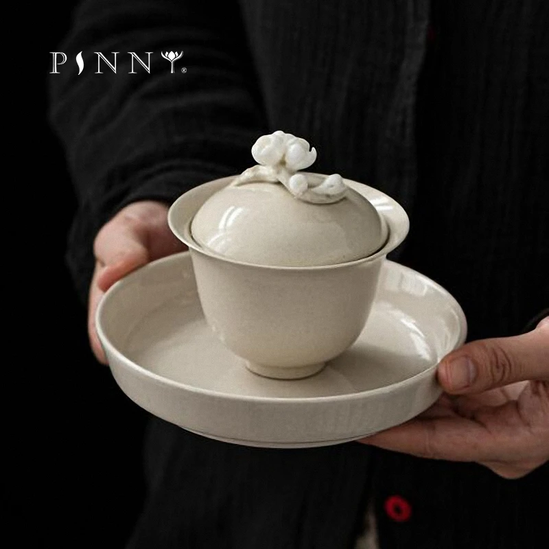 150ML Retro Plant Ash Glaze Ceramic Gaiwan Hand Made Plum Blossom Chinese Kung Fu Tea Service Pigmented Drinkware
