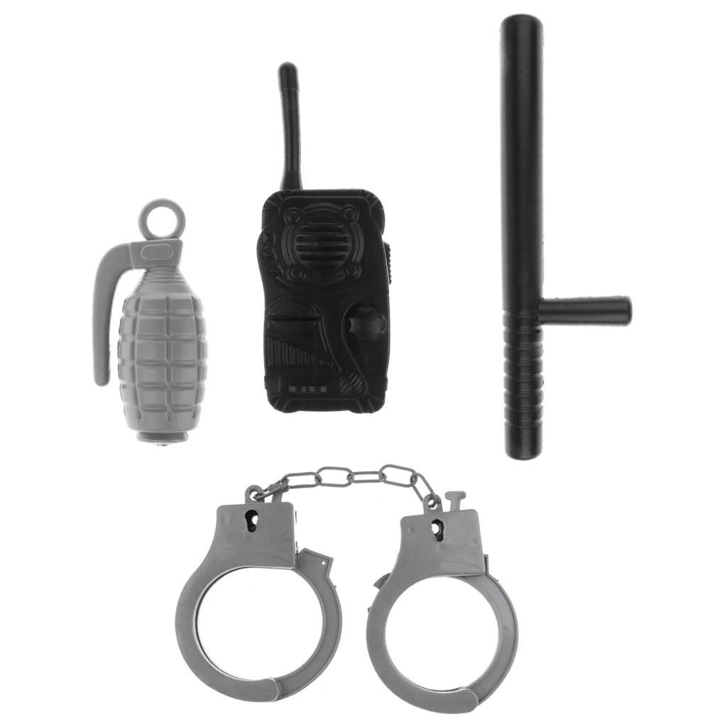 4pcs Police Cop Toy Handcuffs Spontoon Baton Child Sheriff, Officer Cosplay Costume Role Play Pretend Game Educational