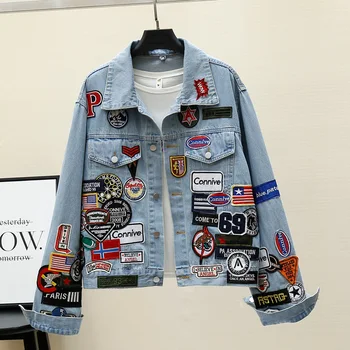 

Jeans Jacket Women Streetwear Fashion Letter Embroidery Ripped Denim Jacket Female Pocket Loose Jeans Coat Harajuku Jackets