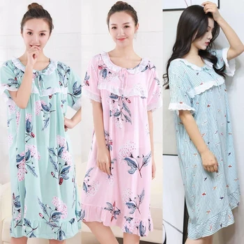 

2020 Summer Artificial Cotton Nightdress Cartoon Lace Nightgown Short-Sleeved Long Cotton Dress Pregnant Women Dressing Gown