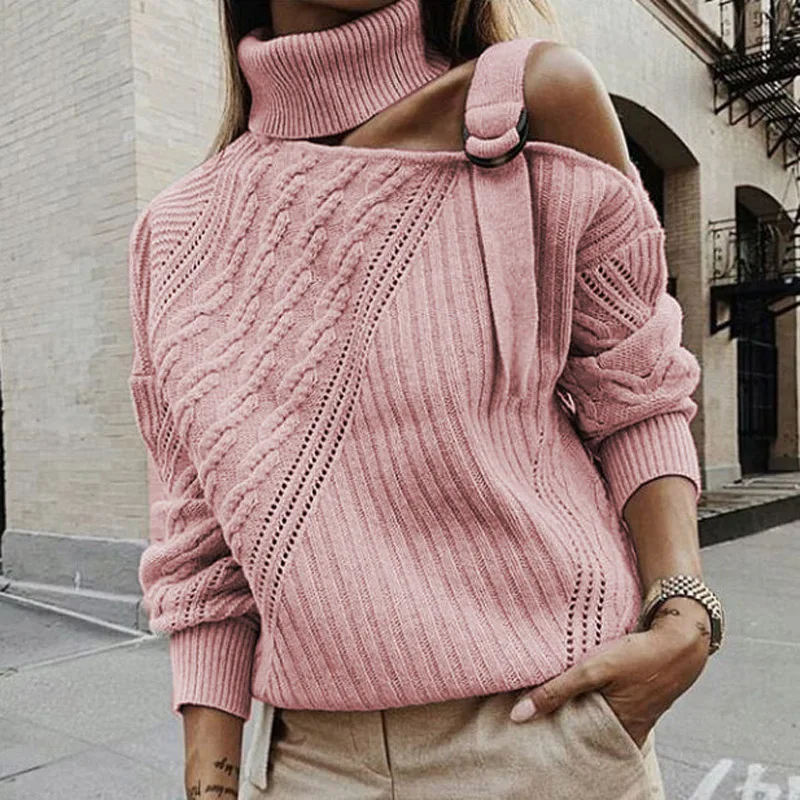 Водолазка с длинным рукавом вязаный свитер женский лоскутный сексуальный с открытыми плечами теплый пуловер зима осень ребристые свитера Топы джемпер - Цвет: 02 Pink