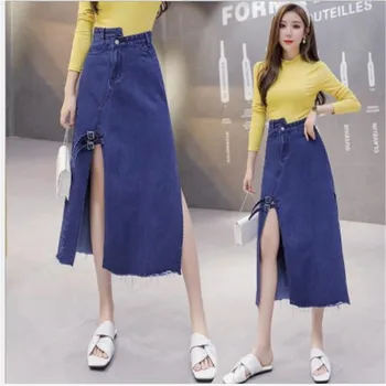 

2020 Sexy Women Denim Skirt Spring Summer A-Line Irregular Jeans Skirt Female Split Mid-Calf Cowboy Skirt Femme High Waist H434