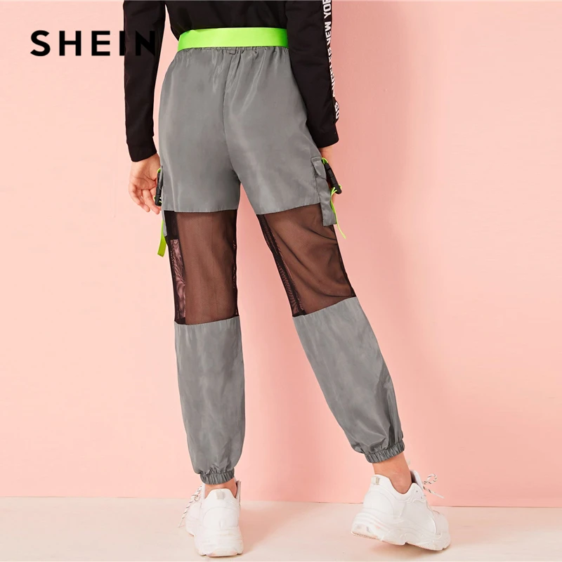SHEIN/Детские неоновые брюки-карго с пряжкой и сетчатой вставкой, с поясом, для девочек; коллекция года; сезон осень; серые брюки с эластичным поясом и карманами по бокам