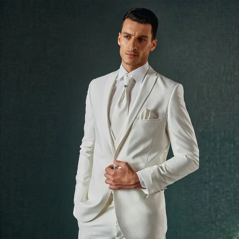 

Мужские костюмы цвета слоновой кости из трех предметов, официальные смокинги с заостренным отложным воротником на одной пуговице для свадьбы, жениха, блестящие пиджаки + брюки + жилет)