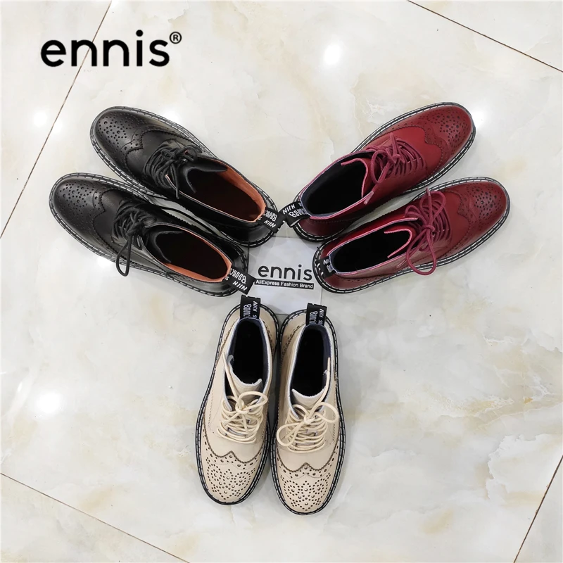 ENNIS Brand Ankle Martin Boots Women Brogue Shoes Lace Up Genuine Leather Platform Boots Fashion Autumn Winter Boots A9365