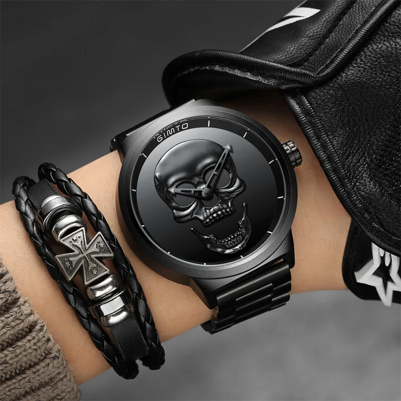 Стильные модные брендовые мужские часы GIMTO с черепом в стиле панк, черные креативные уникальные мужские часы из нержавеющей стали с скелетом