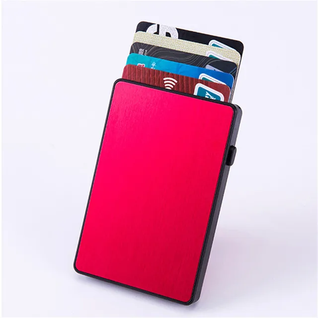 Bisi Goro Men's Bag Ultra Thin Rfid Fashion Pop Up Button Anti Theft Cardholder Aluminum Single Box Smart Wallet Red X-64