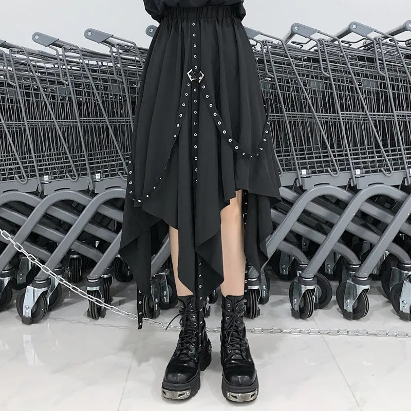Focal20 Harajuku цветная лента нерегулярная Женская юбка с высокой талией черная Летняя женская юбка Свободная выше колена Женская юбка