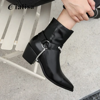 

CIALISA Ankle Boot New 2020 Fashion Autumn Winter Wome Shoes Genuine Leather Metal Decoration Pointed Toe High Heel Boots